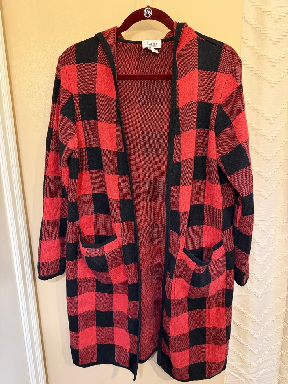 Denim & Co Lg Petite Red & Black Plaid Sweater Jacket w hood (QVC)